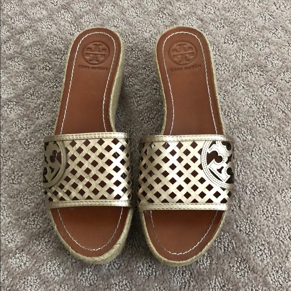 Tory Burch Shoes - Tory Burch Perforated Metallic Wedges - Like New!